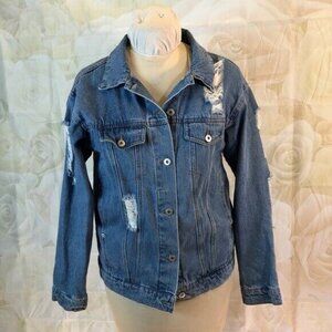Love Tree Blue Jean Denim Jacket Distressed Coat Button up Medium